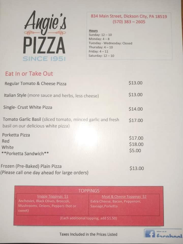 Angie's Pizza Menu image 1